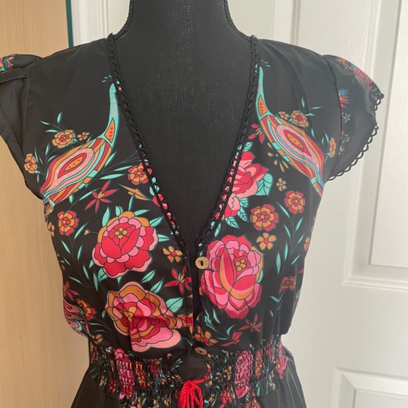 V-neck High-low Peacock and Rose Drawstring Boho Dress Size L - Picture 12 of 12